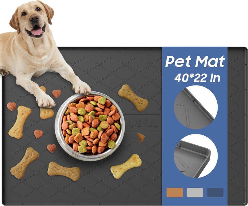 URMONA Large Dog Food Mat, 40" x 22" Pet Food Mat, Waterproof Dog Cat Food Mat with Raised Edges, Silicone Pet Food Mat, Dog Accessories, Prevents Food Spills, Protects Floors, Easy to Clean Fast - Image 1